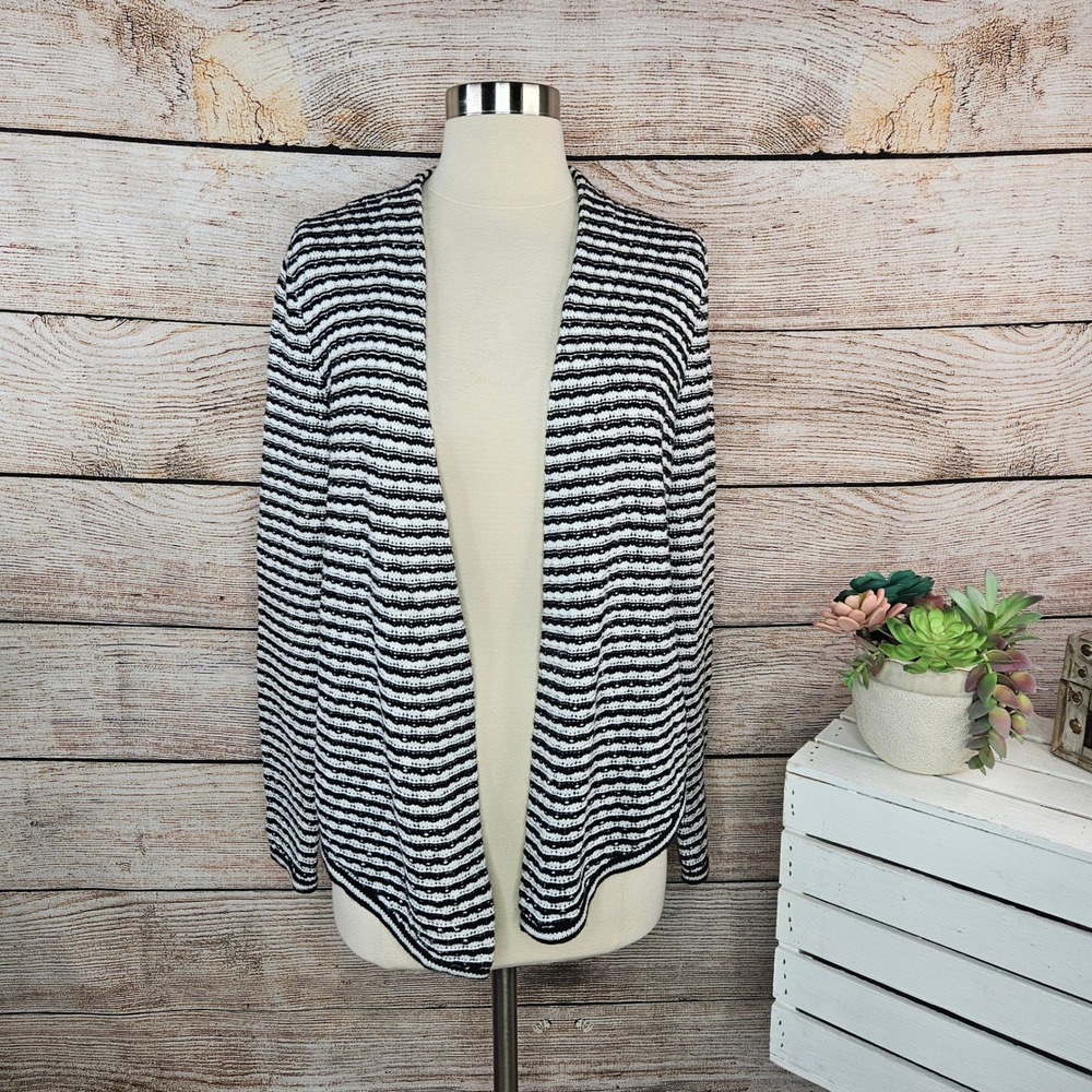 Chico's Women's Open Front Knit Striped Cardigan Black White Size 1 Medium